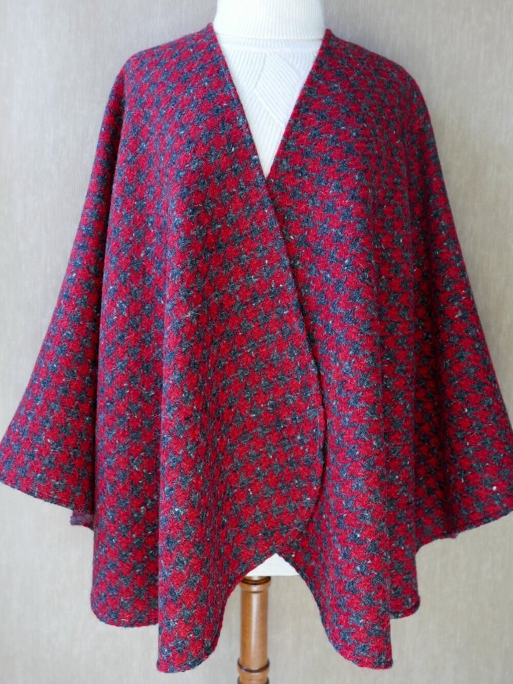 Wool Cape Women, Red Gray Houndstooth Wrap Shawl